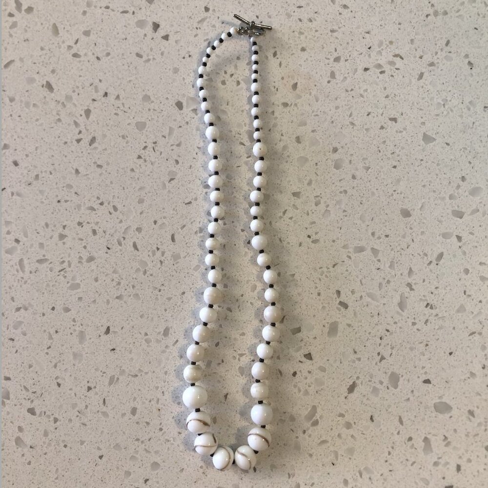 Vintage White Beaded Necklace with Gold Swirl Accents – Toggle Clasp